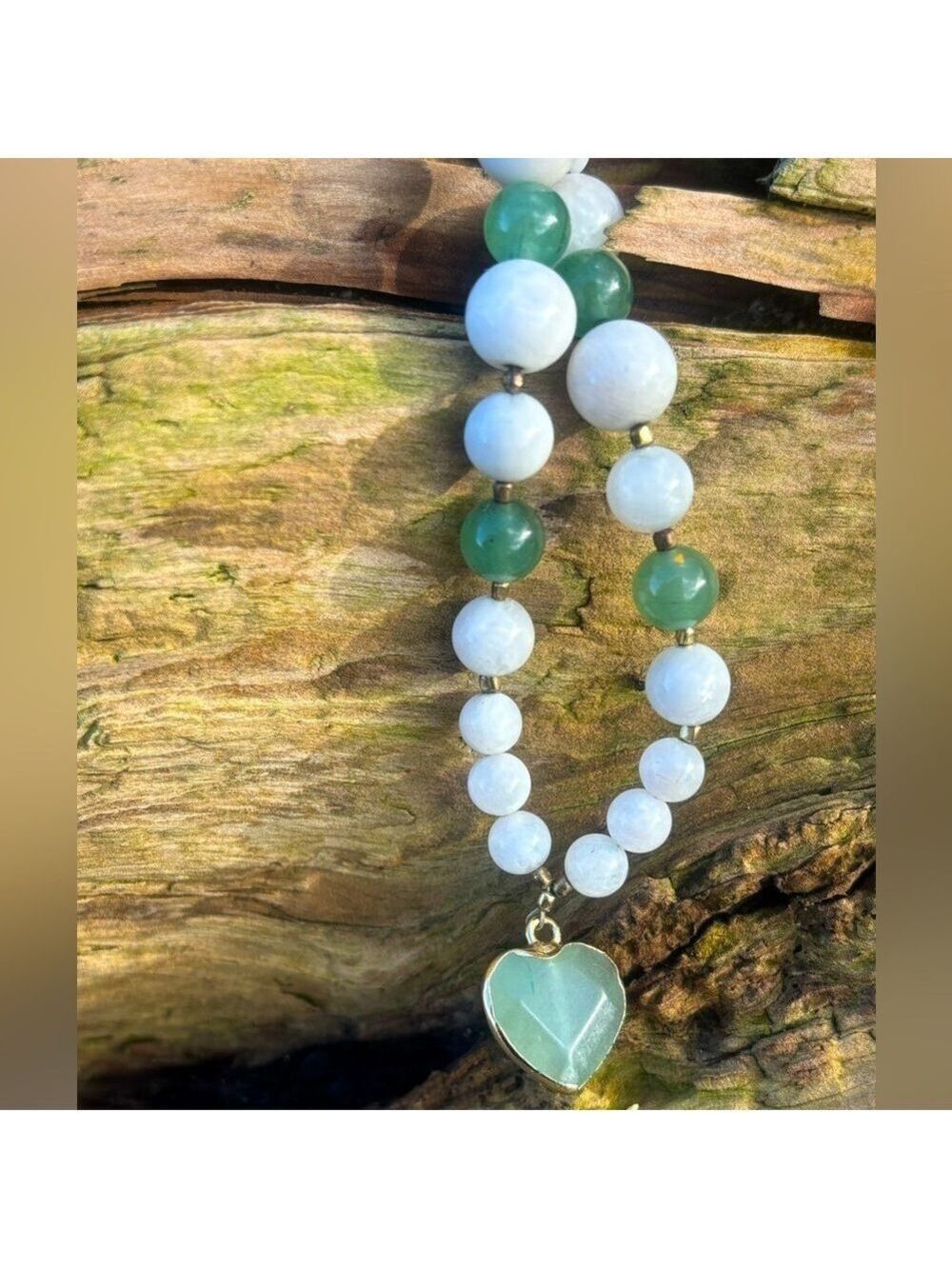 HAND CRAFTED ARTISAN Genuine White Moonstone and Green Aventurine Heart Necklace